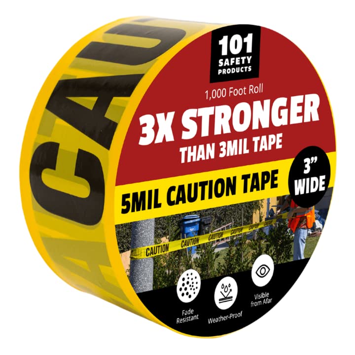 101 Safety Products 5mil Yellow Caution Tape | Heavy Duty 3" Wide for Maximum Visibility | Durable & 3X Stronger Than 3mil Tape | Barrier for Construction, Dangerous & Hazardous Areas | 1,000 Ft Roll