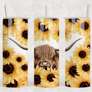 20oz Highland Cow Skinny Tumbler with Sunflower and Straight Walls. Comes with Spill Proof Lid and Metal Straw thats perfect for Travel