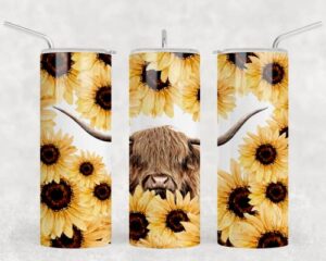 20oz highland cow skinny tumbler with sunflower and straight walls. comes with spill proof lid and metal straw thats perfect for travel