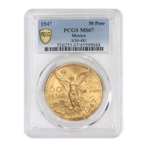 1947 no mint mark 1.2057oz mexican gold peso ms-67 by mint state gold 50 pesos pcgs ms67