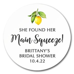 lemon bridal shower favor stickers, she found her main squeeze, welcome bag labels, citrus themed bridal shower
