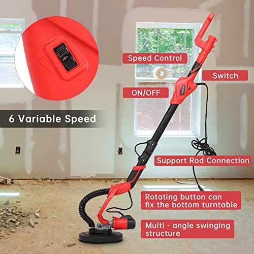 Towallmark Drywall Sander 710W, 2-in-1 Dual-Head Electric Drywall Sander, Variable Speed 1100-2100RPM with 13-Foot Dust Hose, Ceiling Sander with 12 Sand Pads and Dust bag