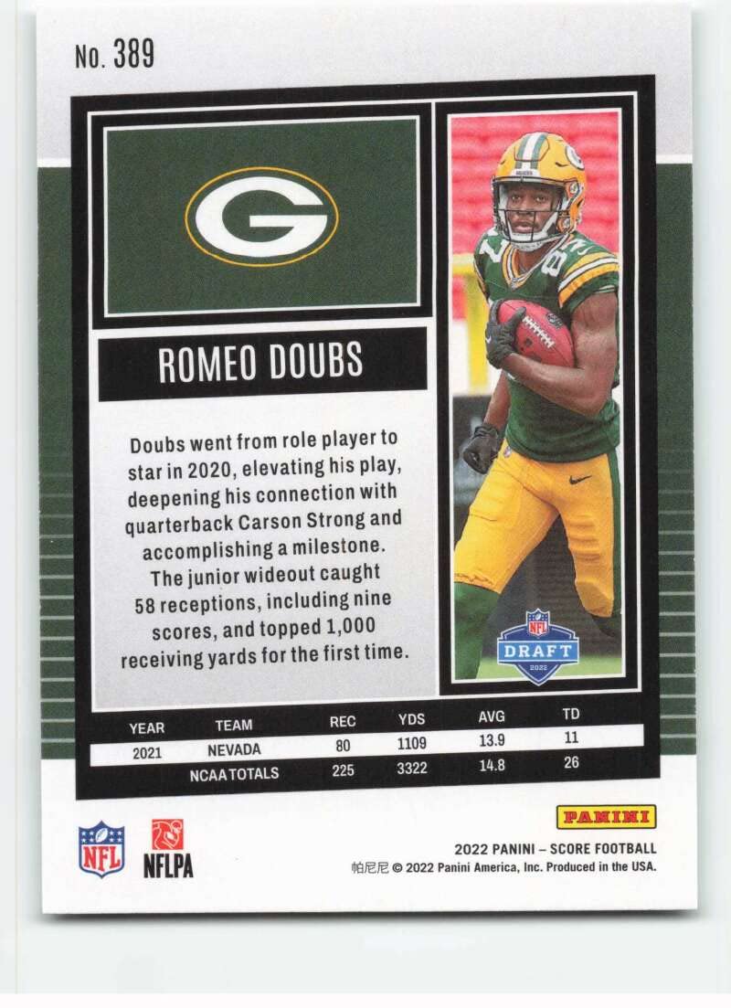 2022 Score #389 Romeo Doubs NM-MT RC Rookie Green Bay Packers Football NFL