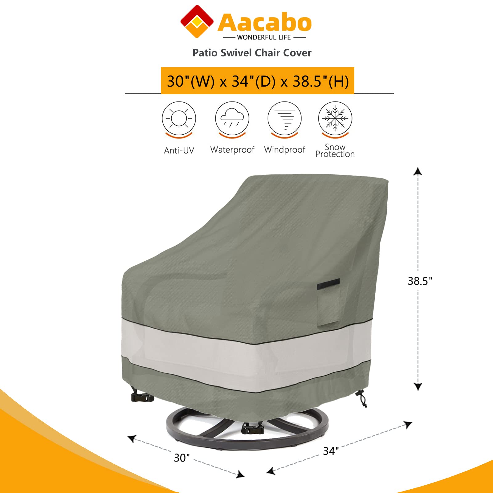 Aacabo Outdoor Swivel Lounge Chair Cover 2 Pack,Waterproof 100% Outdoor Patio Chair Covers,30W x 34 D x 38.5 H inches,Outside Furniture Lounge Deep Seat Cover -Grayish Green