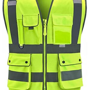 XIAKE 8 Pockets Class 2 High Visibility Reflective Safety Vest for Men Women Construction Working Running Cycling Vests(X-Large,Yellow)