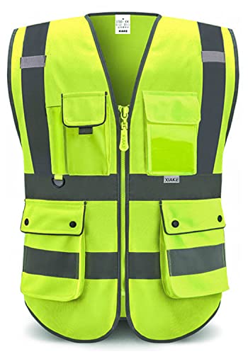 XIAKE 8 Pockets Class 2 High Visibility Reflective Safety Vest for Men Women Construction Working Running Cycling Vests(X-Large,Yellow)