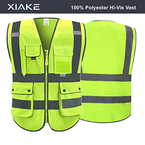 XIAKE 8 Pockets Class 2 High Visibility Reflective Safety Vest for Men Women Construction Working Running Cycling Vests(X-Large,Yellow)