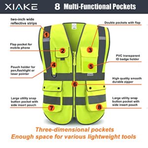 XIAKE 8 Pockets Class 2 High Visibility Reflective Safety Vest for Men Women Construction Working Running Cycling Vests(X-Large,Yellow)