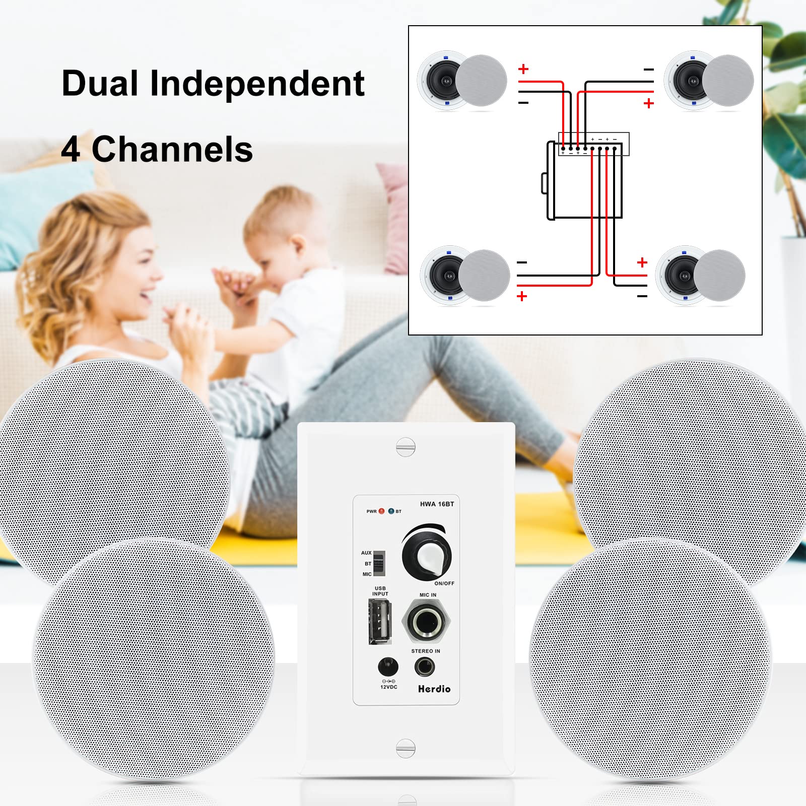 Herdio 5.25'' Bluetooth Ceiling Speakers, 600W 2-Way Flush Mount Speaker System with Receiver Perfect for TV Home Theater Living Room Office (2 Pairs, White)