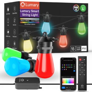 lumary 56ft smart outdoor string lights with app/remote/voice control, rgbai color changing patio lights with warm white 15+1 led bulbs, permanent outdoor lights ip65 waterproof