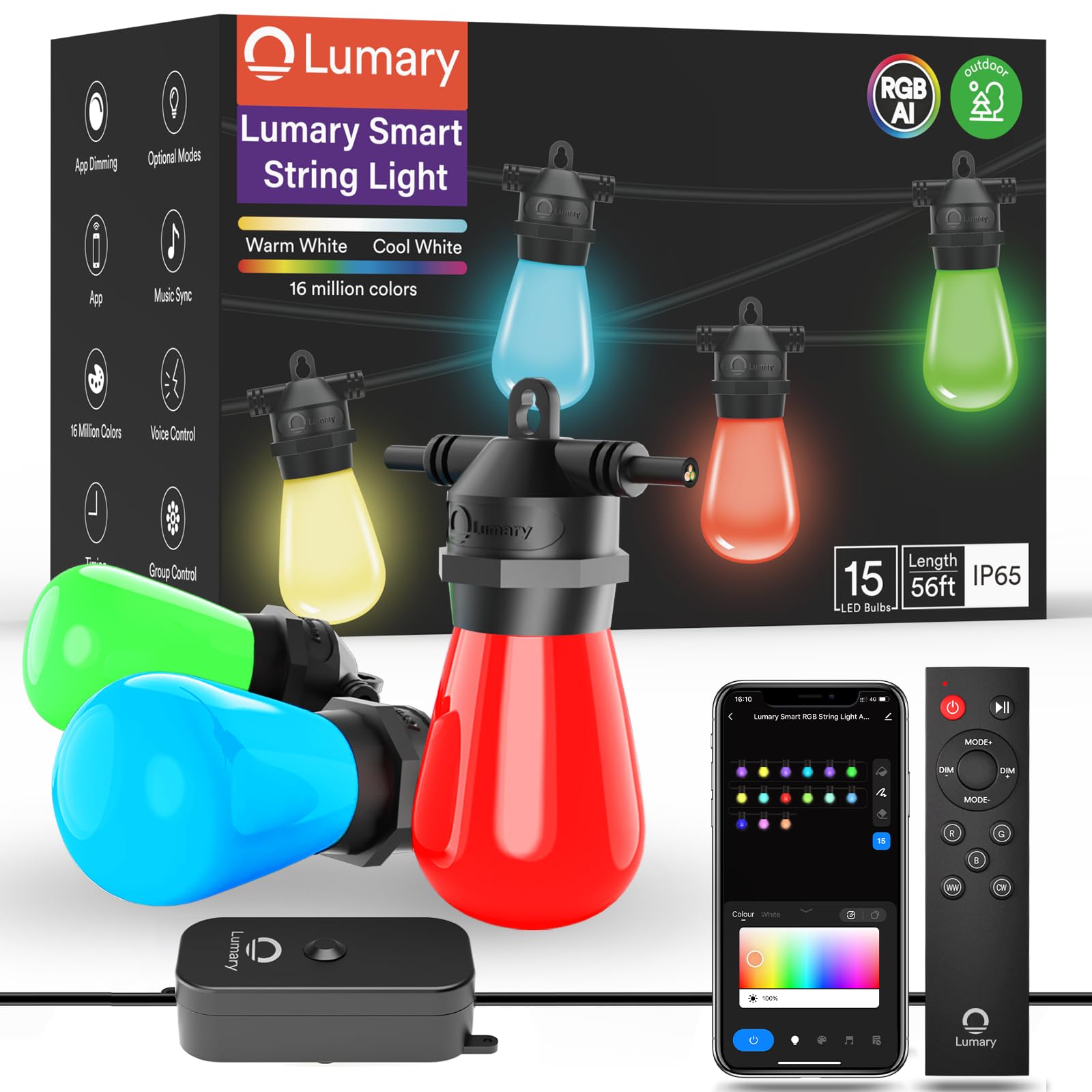 Lumary 56FT Smart Outdoor String Lights with APP/Remote/Voice Control, RGBAI Color Changing Patio Lights with Warm White 15+1 LED Bulbs, Permanent Outdoor Lights IP65 Waterproof