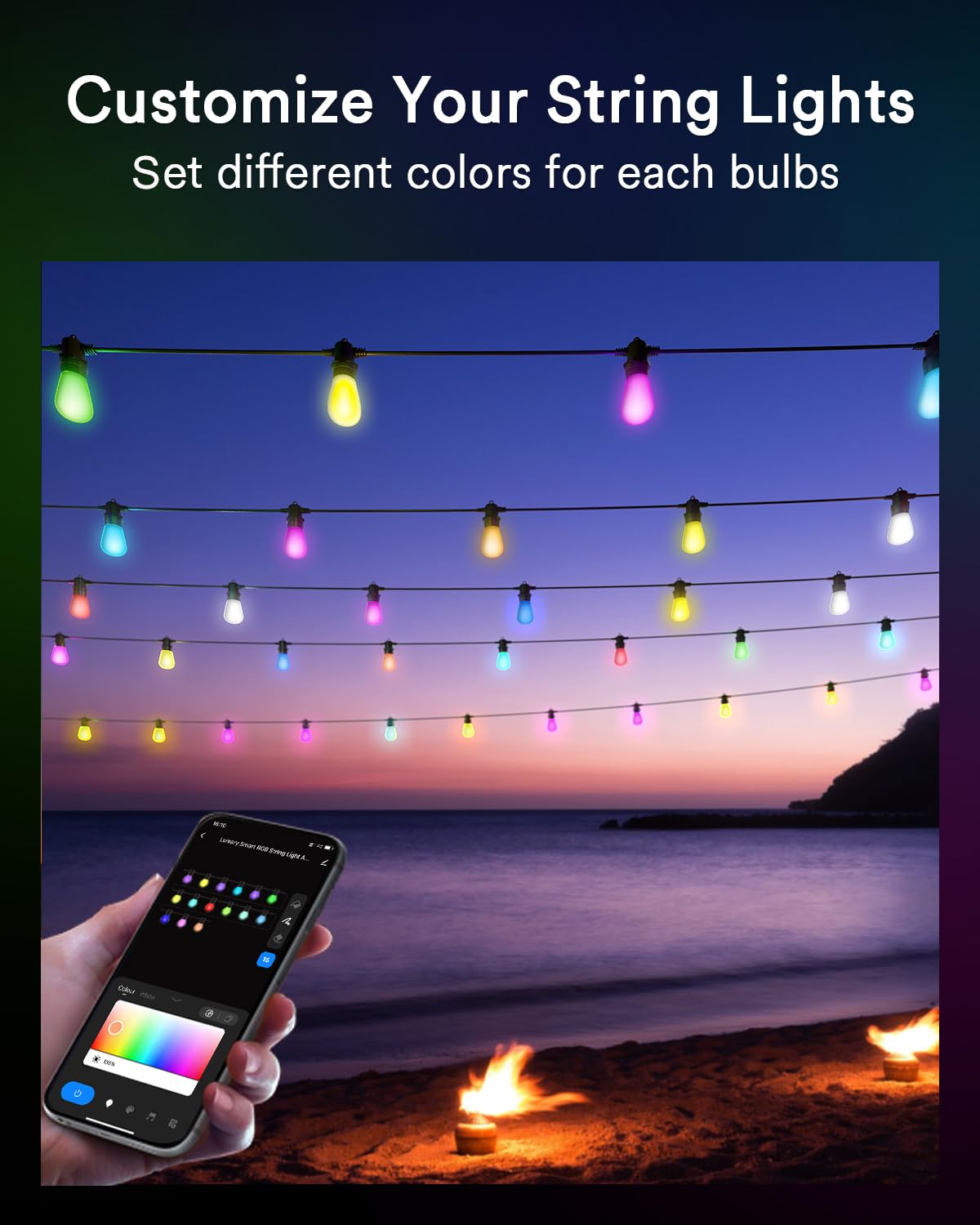 Lumary 56FT Smart Outdoor String Lights with APP/Remote/Voice Control, RGBAI Color Changing Patio Lights with Warm White 15+1 LED Bulbs, Permanent Outdoor Lights IP65 Waterproof