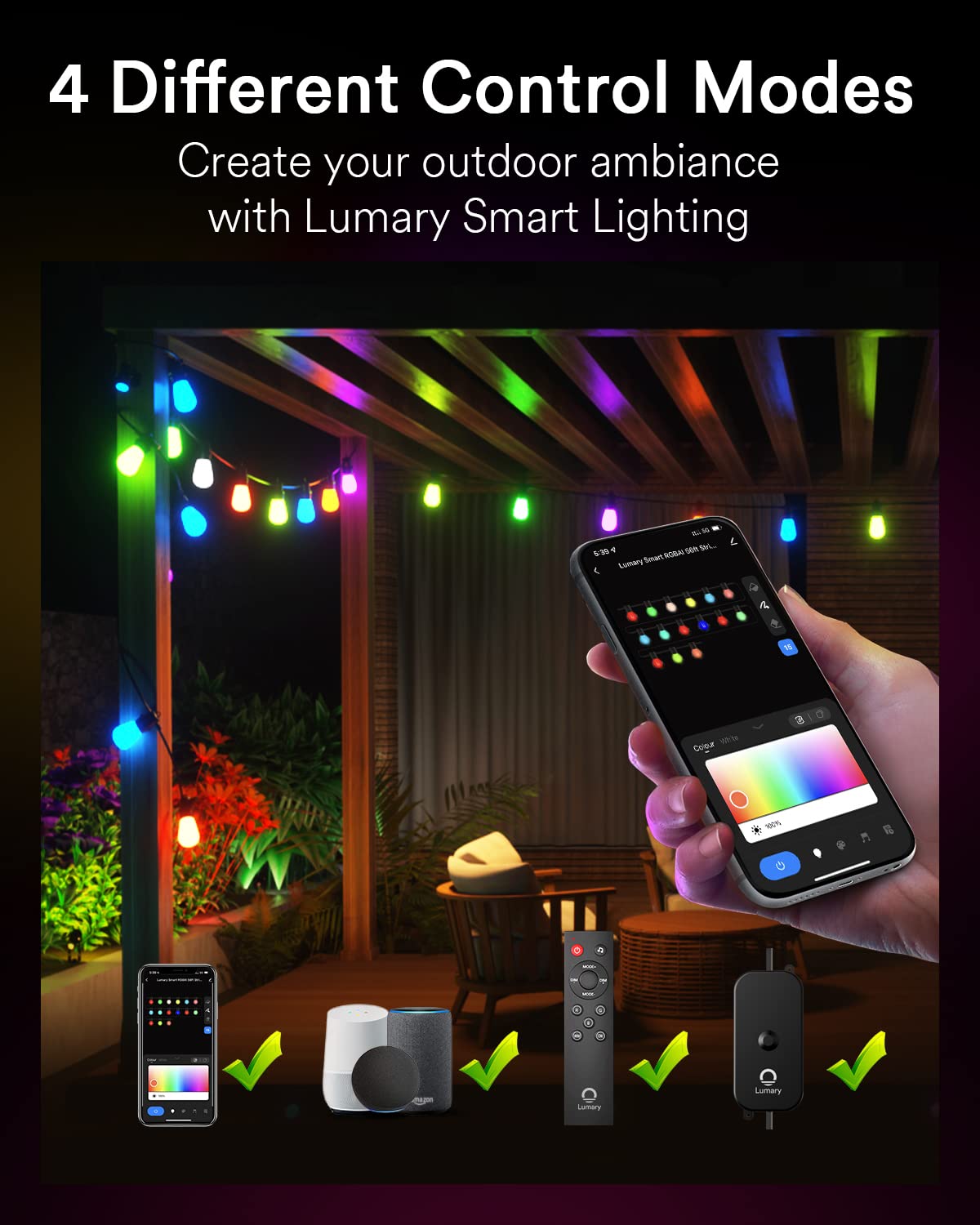 Lumary 56FT Smart Outdoor String Lights with APP/Remote/Voice Control, RGBAI Color Changing Patio Lights with Warm White 15+1 LED Bulbs, Permanent Outdoor Lights IP65 Waterproof