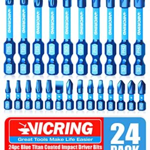 Impact Driver Bit Set Screwdriver Bit Set Blue Titan Coated S2 Steel 1/4 Hex Shank T15 T20 T25 PH1 PH2 SQ1 SQ2 SQ3 SL6-8 24Pcs 1 and 2 Inch Long Magnetic Screwdriver Bits