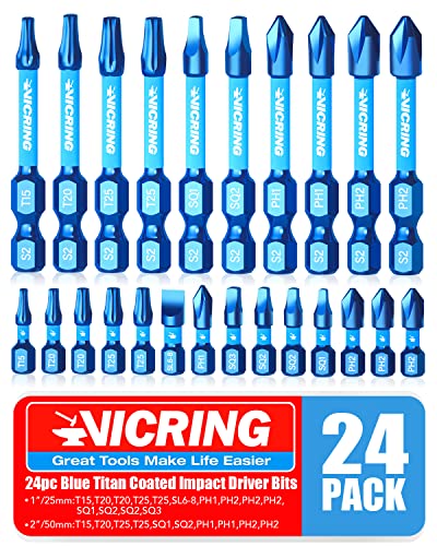 Impact Driver Bit Set Screwdriver Bit Set Blue Titan Coated S2 Steel 1/4 Hex Shank T15 T20 T25 PH1 PH2 SQ1 SQ2 SQ3 SL6-8 24Pcs 1 and 2 Inch Long Magnetic Screwdriver Bits