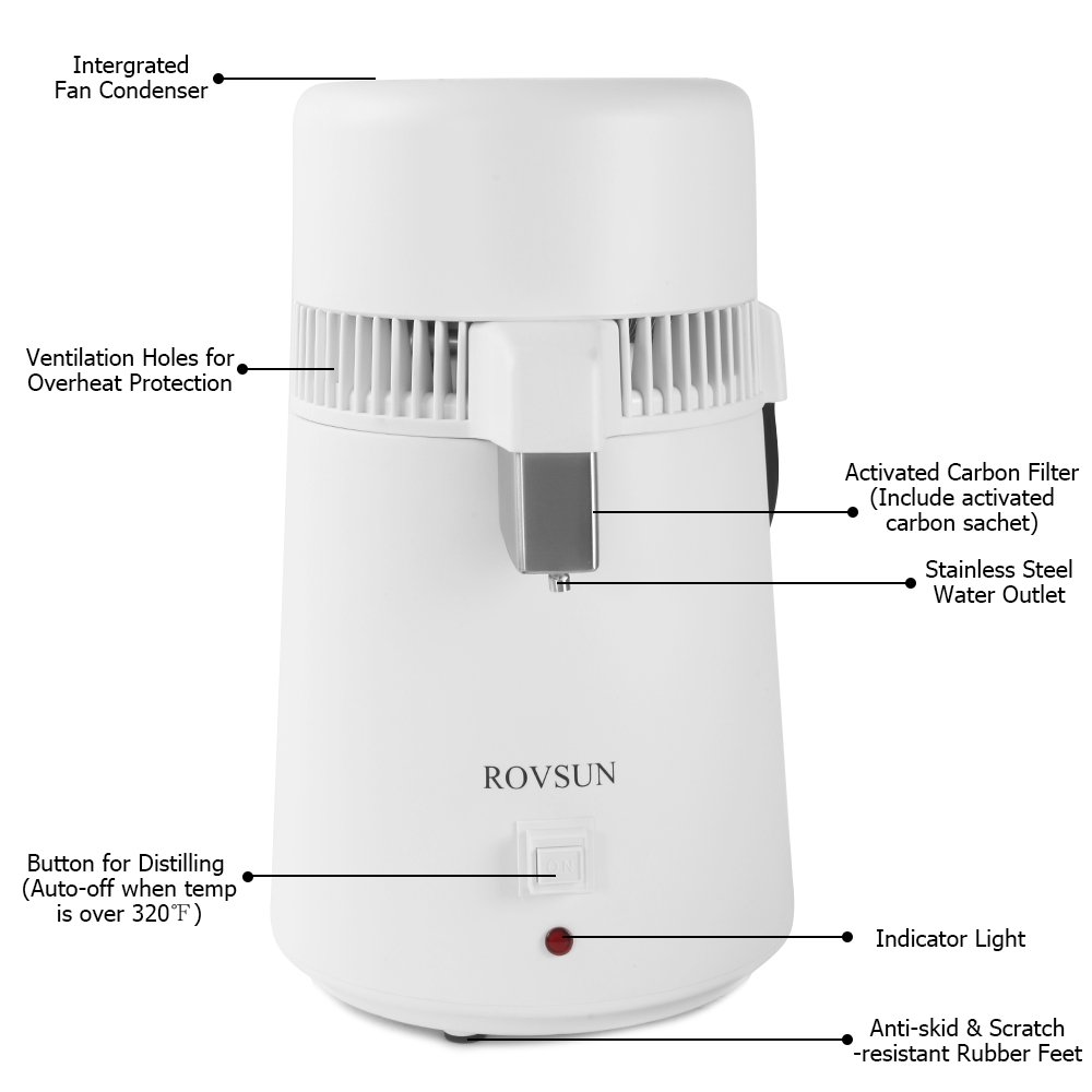 Bonnlo 1.1 Gallon/4L Water Distiller w/BPA-Free Container & All Stainless Steel Interior for Home Use, 750W Countertop Distilled Water Machine Maker Purifier Filter, Distilling Pure Water Maker