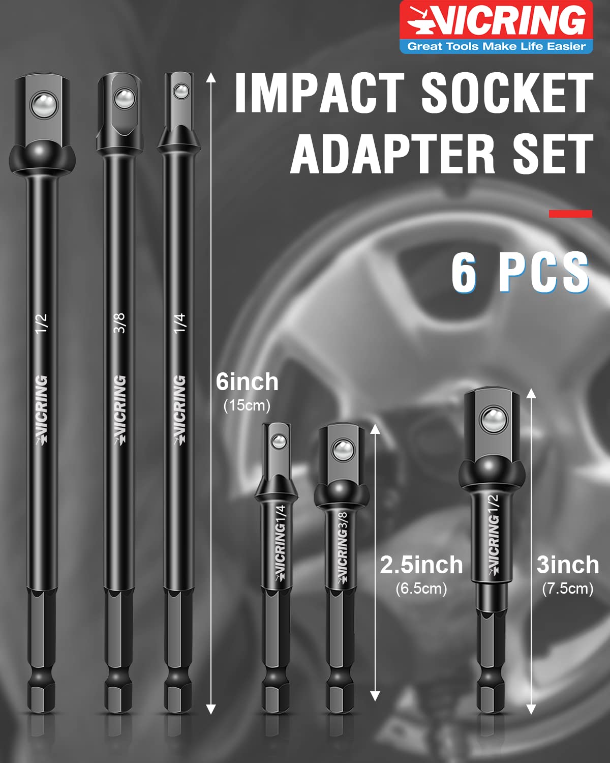 Impact Socket Adapter Set Impact Driver Socket Extension Set 1/4 3/8 1/2 Drive Socket Adapter for Drill Hex Shank Socket Driver set Turn Impact Drill Into High Torque Impact Wrench (6Pcs, 3" & 6")