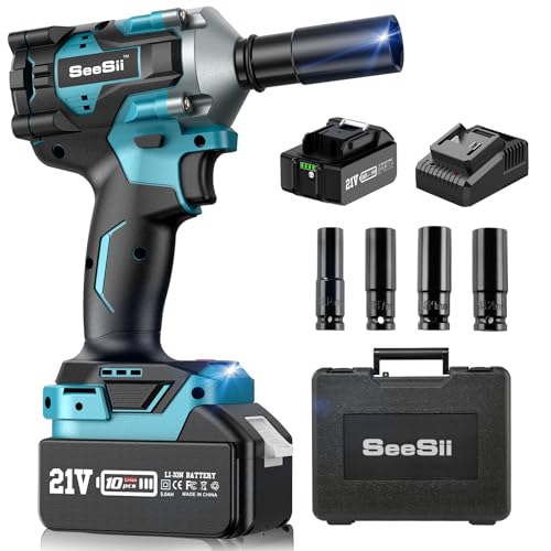 Seesii 3/8" Cordless Impact Wrench, Power Impact Gun w/Max Torque 330Ft-lbs(450N.m), 4.0Ah Rechargable Battery & 4 Sockets, Compact Power Impact Wrench for Lightduty Work Car Home,WH450