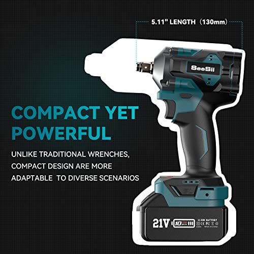 Seesii 3/8" Cordless Impact Wrench, Power Impact Gun w/Max Torque 330Ft-lbs(450N.m), 4.0Ah Rechargable Battery & 4 Sockets, Compact Power Impact Wrench for Lightduty Work Car Home,WH450