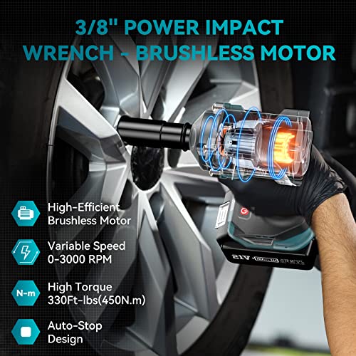 Seesii 3/8" Cordless Impact Wrench, Power Impact Gun w/Max Torque 330Ft-lbs(450N.m), 4.0Ah Rechargable Battery & 4 Sockets, Compact Power Impact Wrench for Lightduty Work Car Home,WH450