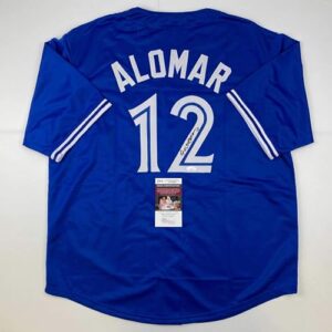 autographed/signed roberto alomar toronto blue baseball jersey jsa coa