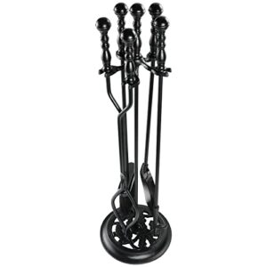 atiyyo 5 pieces fireplace tools sets wrought iron firewood kit with handle durable tool set and holder for fire pit stand indoor tong shovel poker brush firewood accessories (black)