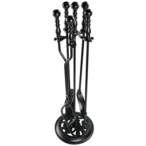 ATiyyo 5 Pieces Fireplace Tools Sets Wrought Iron Firewood Kit with Handle Durable Tool Set and Holder for Fire Pit Stand Indoor Tong Shovel Poker Brush Firewood Accessories (Black)