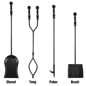 ATiyyo 5 Pieces Fireplace Tools Sets Wrought Iron Firewood Kit with Handle Durable Tool Set and Holder for Fire Pit Stand Indoor Tong Shovel Poker Brush Firewood Accessories (Black)