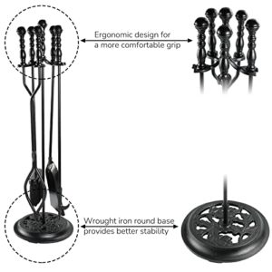 ATiyyo 5 Pieces Fireplace Tools Sets Wrought Iron Firewood Kit with Handle Durable Tool Set and Holder for Fire Pit Stand Indoor Tong Shovel Poker Brush Firewood Accessories (Black)