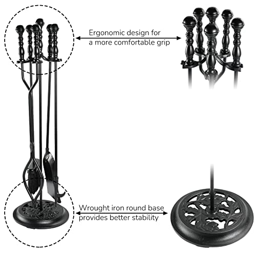 ATiyyo 5 Pieces Fireplace Tools Sets Wrought Iron Firewood Kit with Handle Durable Tool Set and Holder for Fire Pit Stand Indoor Tong Shovel Poker Brush Firewood Accessories (Black)