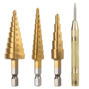 qezeza step drill bits 4pcs set, high-speed steel step drill bit set with automatic spring loaded center punch power tools