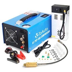 toauto a1 pcp air compressor,4500psi 30mpa, water/oil-free, one button start, bursting disc, powered by car 12v dc or home 110v ac with adapter hpa compressor for paintball/pcp rifle/mini scuba tank