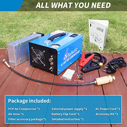 TOAUTO A1 PCP Air Compressor,4500Psi 30Mpa, Water/Oil-Free, One Button Start, Bursting disc, Powered by Car 12V DC or Home 110V AC with Adapter HPA Compressor for Paintball/PCP Rifle/Mini Scuba Tank