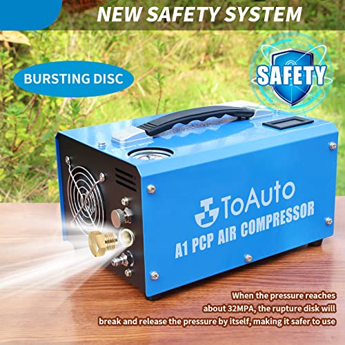 TOAUTO A1 PCP Air Compressor,4500Psi 30Mpa, Water/Oil-Free, One Button Start, Bursting disc, Powered by Car 12V DC or Home 110V AC with Adapter HPA Compressor for Paintball/PCP Rifle/Mini Scuba Tank