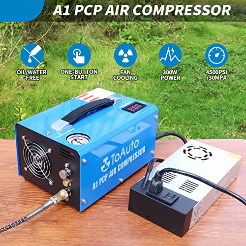 TOAUTO A1 PCP Air Compressor,4500Psi 30Mpa, Water/Oil-Free, One Button Start, Bursting disc, Powered by Car 12V DC or Home 110V AC with Adapter HPA Compressor for Paintball/PCP Rifle/Mini Scuba Tank