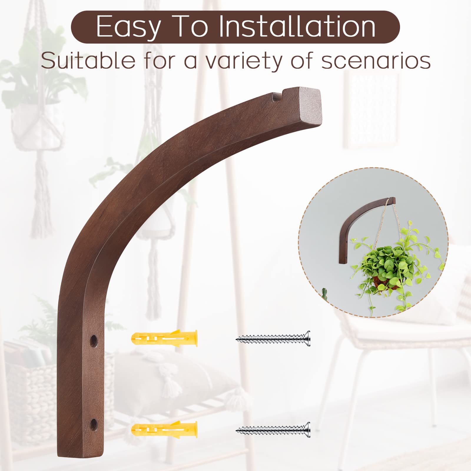 Juexica 4 Pieces Wooden Hanging Plant Hooks Wooden Plants Wall Hooks Plant Hooks Wall Mounted Plant Hanger Hook Indoor and Outdoor Hanging Brackets for Planters, Lanterns, Bird Feeders (Coffee Color)