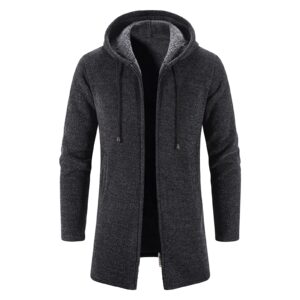 men long open front cardigan sweater full zip knitted hoodie jacket longline hooded cardigans sweaters with pockets (dark grey,x-large)