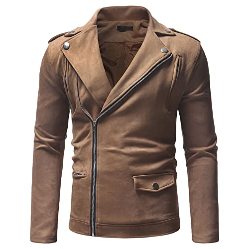 Maiyifu-GJ Men Basic Suede Leather Motorcycle Jacket Casual Classic Side Lace Biker Jacket Slim Fit Asymmetric Zip Moto Coat (Khaki,Large)