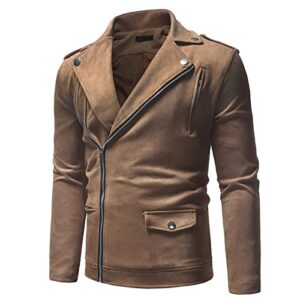 Maiyifu-GJ Men Basic Suede Leather Motorcycle Jacket Casual Classic Side Lace Biker Jacket Slim Fit Asymmetric Zip Moto Coat (Khaki,Large)