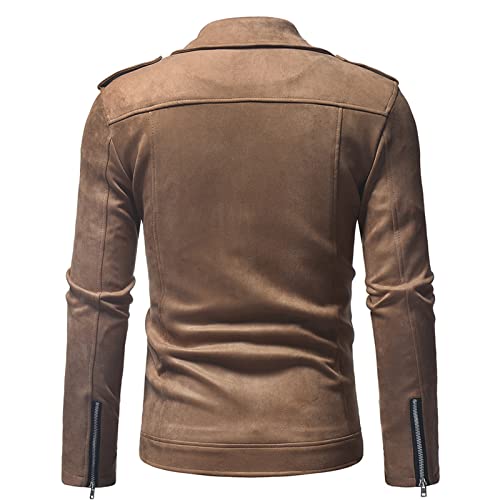 Maiyifu-GJ Men Basic Suede Leather Motorcycle Jacket Casual Classic Side Lace Biker Jacket Slim Fit Asymmetric Zip Moto Coat (Khaki,Large)