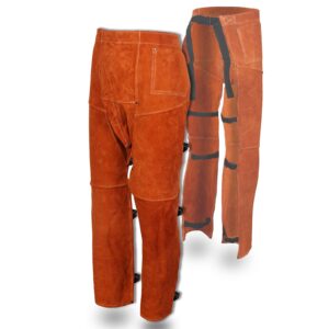 qeelink welding pants - heat & flame resistant split cowhide leather safety chaps leg protection for men and women, adjustable m to xxxl (short 31-inch) brown