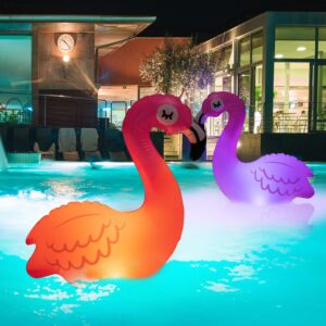glow-mingo twins solar flamingo floating pool lights - 8 hour ambiglow radiance pink inflatable floating pool lights solar powered - ip68 waterproof, heavy duty pool lights that float decor (2pack)