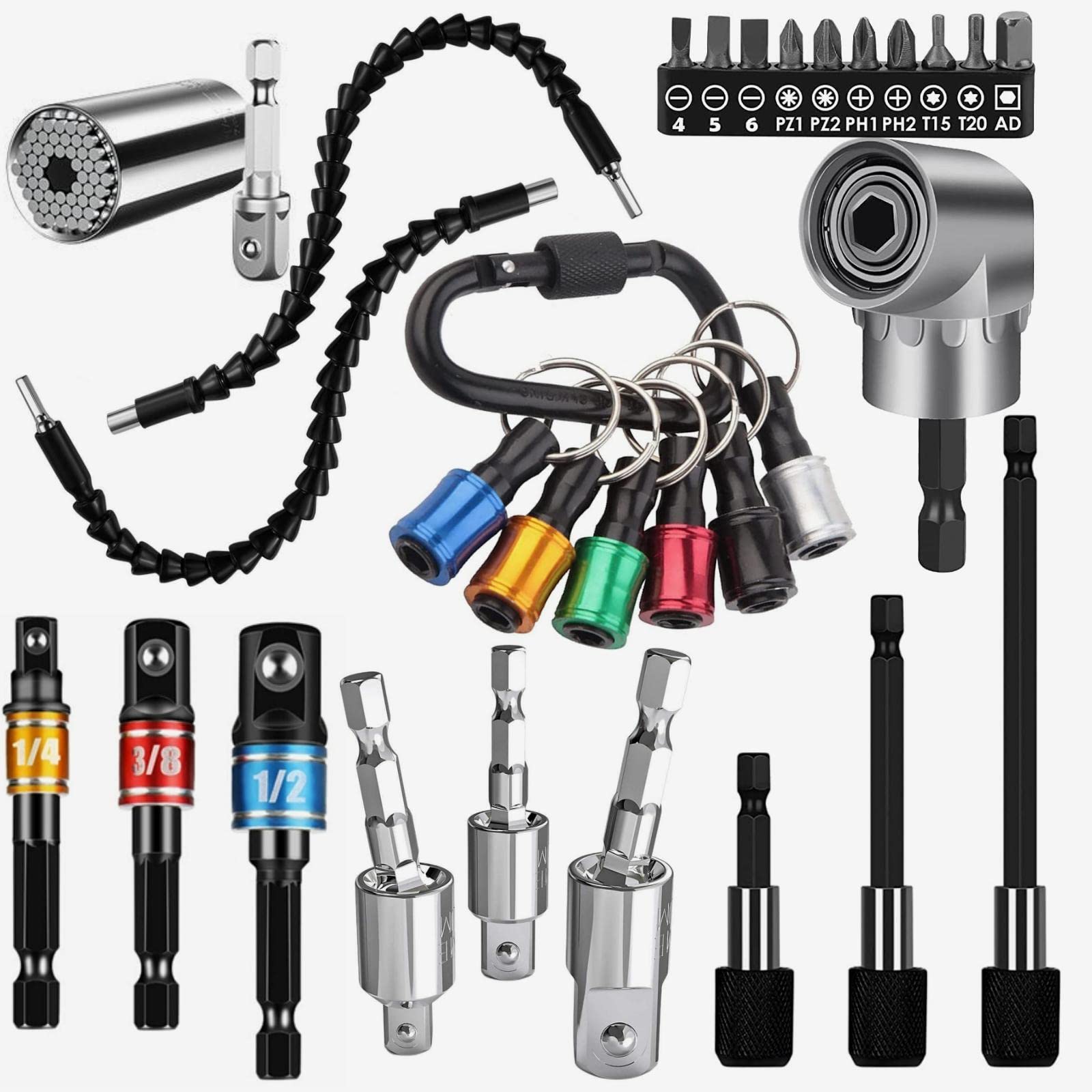 26Pcs Flexible Drill Bit Extension Set,Drill Bit Holder Extension,105° Right Angle Drill Attachmentt,1/4 3/8 1/2"Impact Driver Rotatable Socket Adapter,Bits Holder,Bendable Drill Bit Extension