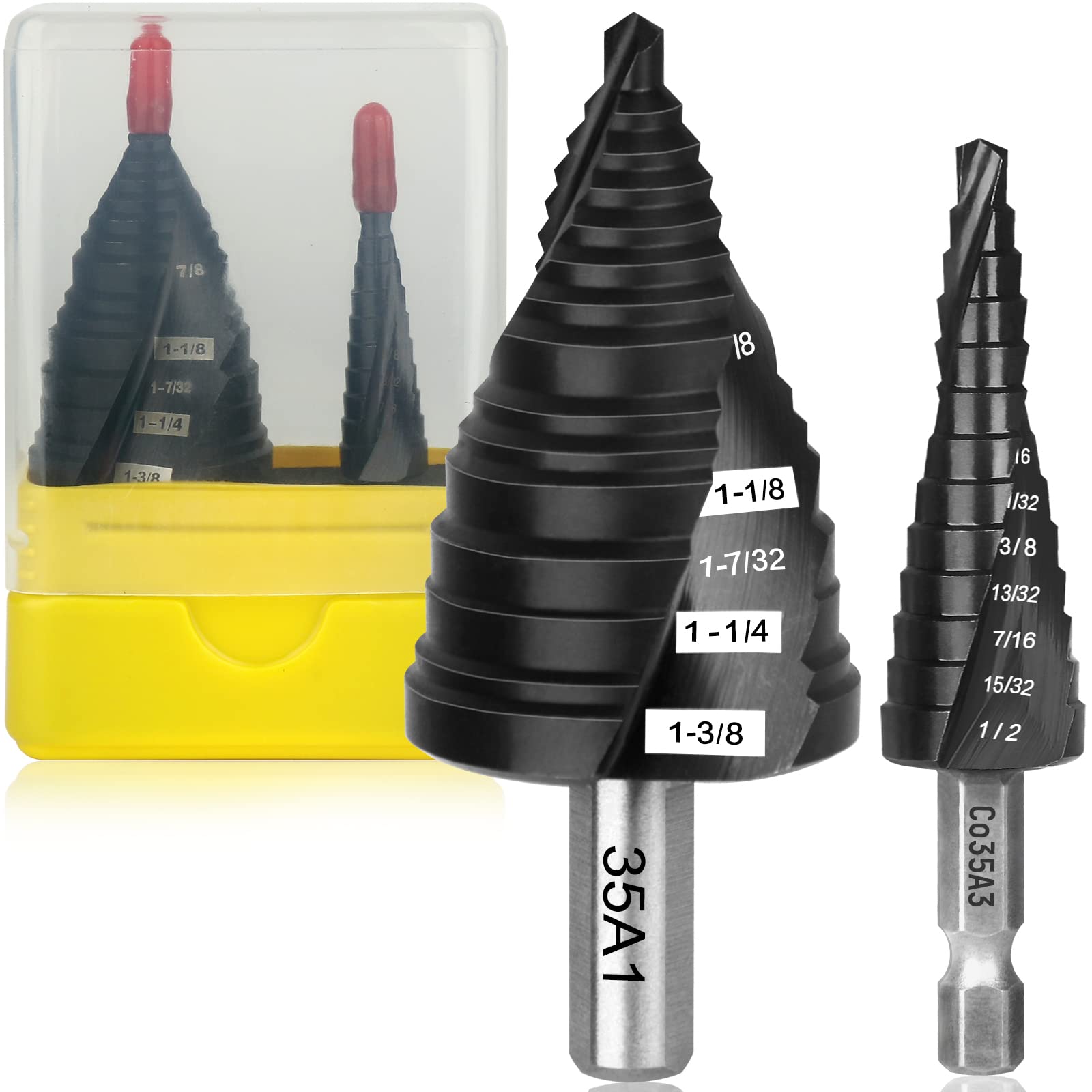 OXMUL M35 Step Drill Bit Set,1/8" to 1-3/8" 19-Steps, Cobalt Bits, Heavy Duty for Stainless Steel, Hard Metal, Aluminum, Wood, 2pcs. Co35A1_Co35A3