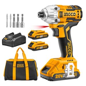 ingco 20v cordless impact driver set, 1/4 inch brushless impact driver with 2pcs batteries 1pc hour fast charger 3pcs sockets 1pc bag cirli2002a