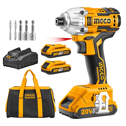 INGCO 20V Cordless Impact Driver Set, 1/4 Inch Brushless Impact Driver with 2pcs Batteries 1pc Hour Fast Charger 3pcs Sockets 1pc Bag CIRLI2002A