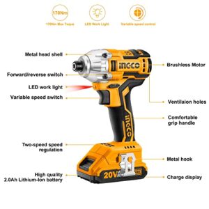 INGCO 20V Cordless Impact Driver Set, 1/4 Inch Brushless Impact Driver with 2pcs Batteries 1pc Hour Fast Charger 3pcs Sockets 1pc Bag CIRLI2002A