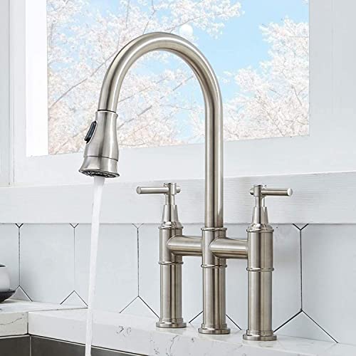 SHACO Brushed Nickel 3 Hole Deck Mount Kitchen Faucet with Pull Down Sprayer, 360 Swivel, Solid Large Faucet for Kitchen Sink