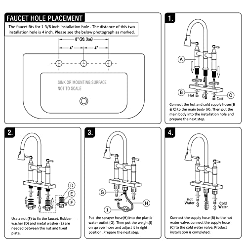 SHACO Brushed Nickel 3 Hole Deck Mount Kitchen Faucet with Pull Down Sprayer, 360 Swivel, Solid Large Faucet for Kitchen Sink