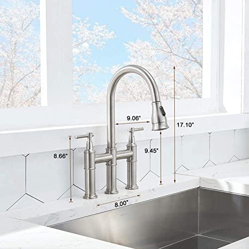 SHACO Brushed Nickel 3 Hole Deck Mount Kitchen Faucet with Pull Down Sprayer, 360 Swivel, Solid Large Faucet for Kitchen Sink